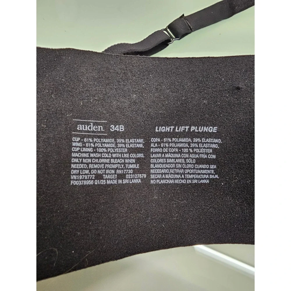 Auden Light Lift Plunge‎ Bra Black Underwire Molded Cup 34B 023127679